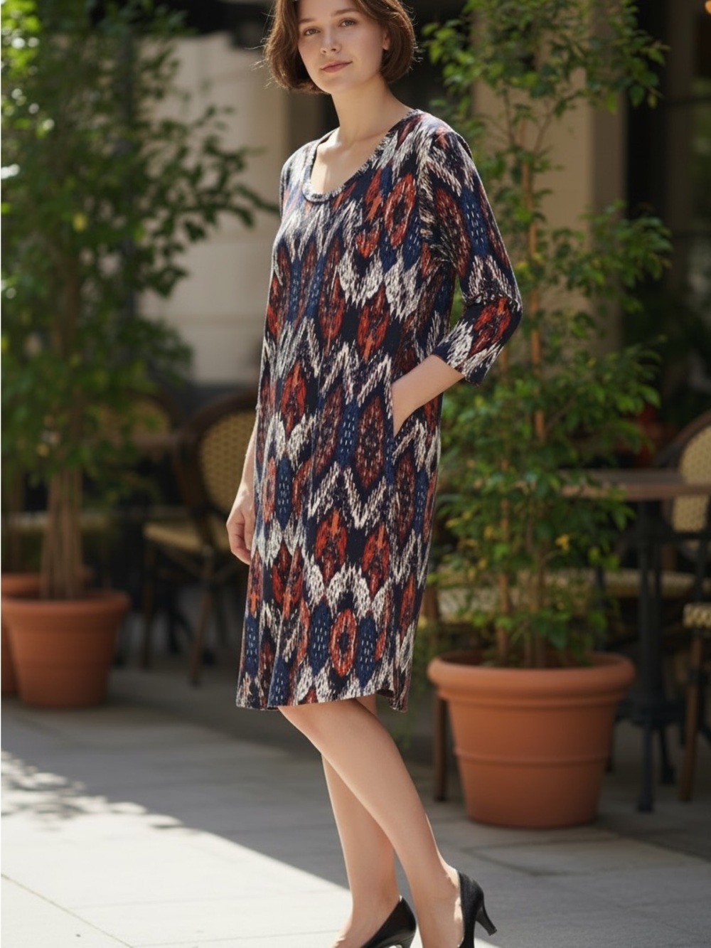 Karen Kane Navy, Red & White Ikat Print Dress